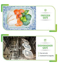 Glass Meal Prep Containers Set 5 Pack 30 Oz Each With Lids shown freezer and dishwasher safe with vegetables inside