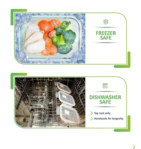 Glass Meal Prep Containers Set 5 Pack 30 Oz Each With Lids shown freezer and dishwasher safe with vegetables inside