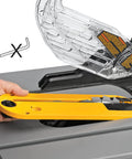 Close-up of the smooth rack and pinion fence on the Compact Jobsite Table Saw for precise cutting adjustments.