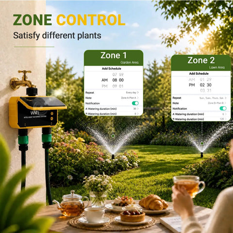 Solar Powered Smart Sprinkler Timer With WiFi For Garden Hose Dope Two Zone Irrigation System With Rain Sensor and Manual Mode