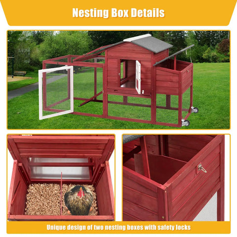 Wooden Chicken Coop With Nesting Box And Waterproof Roof, Cozy Indoor Outdoor Hen House With Removable Tray And Ramp Access, Durable Easy Clean Poultry Enclosure For Garden Or Backyard In Grey, showing design and safety features.