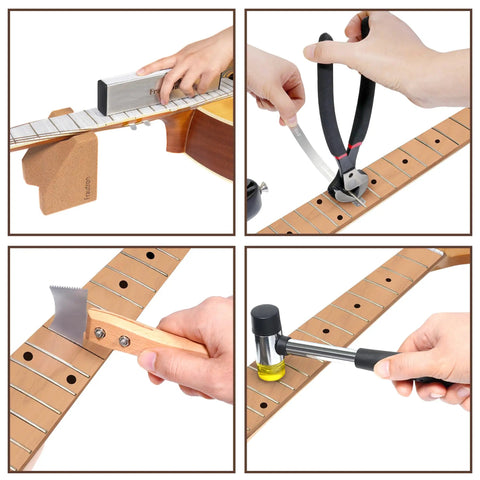 Pro Grade Guitar Luthier Fret Repair Kit with neck rest, fret leveling beam, puller, cleaning saw, hammer, for precise fretwork.
