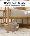 Under-bed storage area of Queen Size Metal Platform Bed Frame Featuring Victorian Headboard With Gold Metallic Finish, showing 10.2 inches clearance.