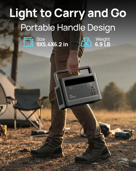 Person holding Portable Power Station 700W Surge, 230.4Wh LiFePO4 Battery, camping background, portable handle design.