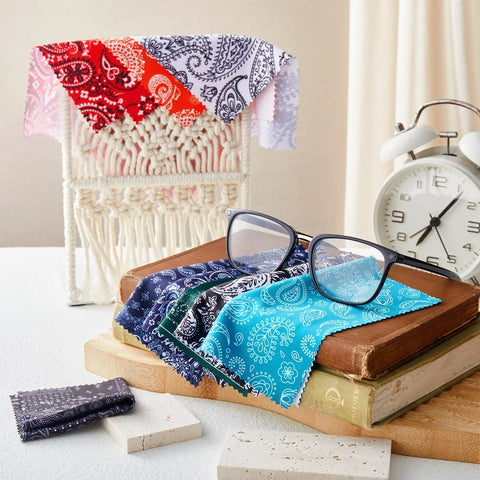 Copkim 24-pack microfiber cleaning cloths with multicolor paisley floral pattern, 6x6 in, for glasses and device screens.