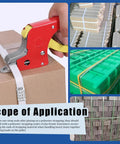 Open Snap-On 5 by 8 Inch Metal Buckle Seals Pack for Strapping and Pallet Banding, 100 Pcs Serrated Steel Clips in use