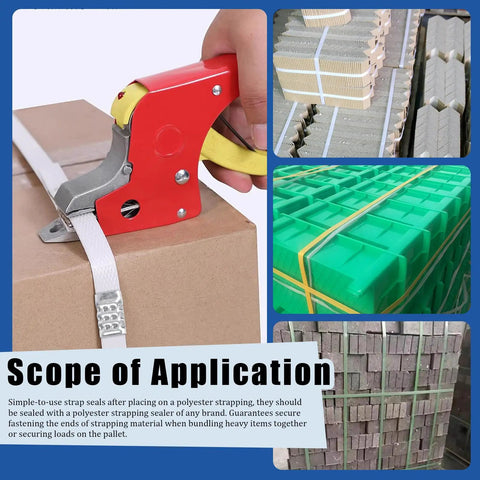 Open Snap-On 5 by 8 Inch Metal Buckle Seals Pack for Strapping and Pallet Banding, 100 Pcs Serrated Steel Clips in use