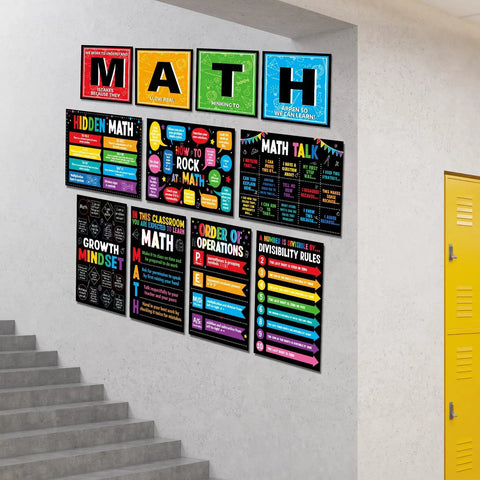 11 Pcs Math Posters For Classrooms, Laminated Bulletin Board Decor arranged on classroom wall near stairs.