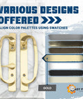 Legacy Sliding Glass Door Offset Latch Gold Handle Set Replacement Eight And One Half Inch Escutcheon Plate Fits Three And Fifteen Sixteenths Inch Screw Hole Spacing And One And Quarter To Two And Quarter Inch Door Thickness Sash Controls 2265 gold handles and swatches display