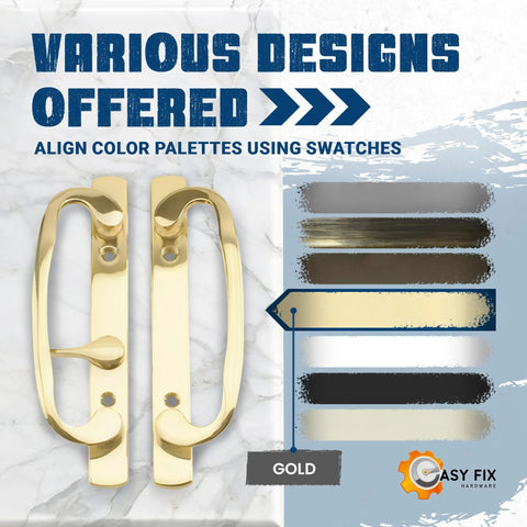 Legacy Sliding Glass Door Offset Latch Gold Handle Set Replacement Eight And One Half Inch Escutcheon Plate Fits Three And Fifteen Sixteenths Inch Screw Hole Spacing And One And Quarter To Two And Quarter Inch Door Thickness Sash Controls 2265 gold handles and swatches display