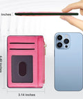 Credit Card Holder For Women Slim Minimalist Front Pocket RFID Blocking Wallet Small Compact Card Case With ID Window Vibrant Pink next to smartphone