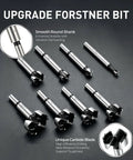 Knockout Forstner Bit Set Featuring Eight Heavy Duty Wood Drill Bits, carbide blades for flat bottom hole cutting.