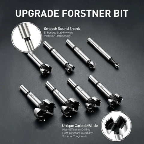 Knockout Forstner Bit Set Featuring Eight Heavy Duty Wood Drill Bits, carbide blades for flat bottom hole cutting.