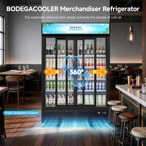 Heavy Duty Workhorse Commercial Merchandiser Refrigerator With Smooth Automatic Sliding Rebound Doors And Reinforced Glass Panels For High Traffic Stores Keep Merchandise Frosty All Day Long showing front view with drinks displayed.