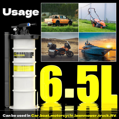 Garage Ready 6.5 Liter Manual And Pneumatic Oil Fluid Extractor Pump With Complete Accessory Kit For Slick Vehicle And Marine Fluid Drains With No Muss No Fuss in use for various vehicles.