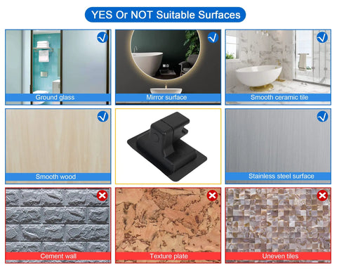 Various surfaces for mounting High Pressure Handheld Shower Head With 5 Settings, includes suitable and unsuitable options