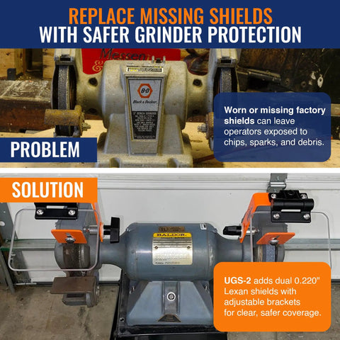 Heavy Duty Bench Grinder Eye Shield Kit Pair Fits 8 To 14 Inch Baldor Grinders Built Tough Lexan Replacement Guards installed on grinder