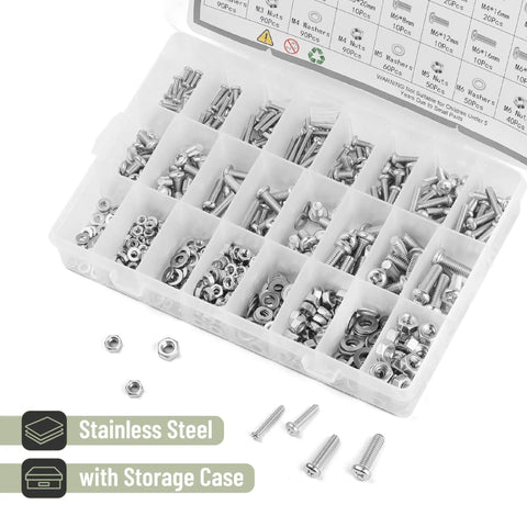 Stainless Steel Nuts And Bolts Assortment Kit, 810 Piece Diy Hardware Set With M3 M4 M5 M6 Phillips Pan Head Screws, Machine Screws, Washers, And Clear Storage Box For Home Improvement Projects visible in open storage box.
