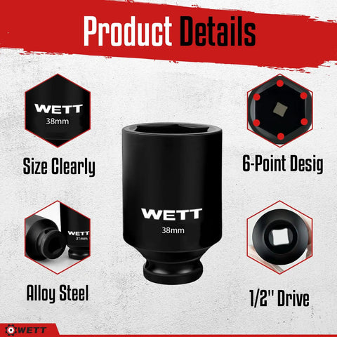 Half Inch Drive Deep Impact Socket Set Eleven Piece Jumbo Metric Six Point Sockets for Axle Nut and Wheel, 38mm socket detail