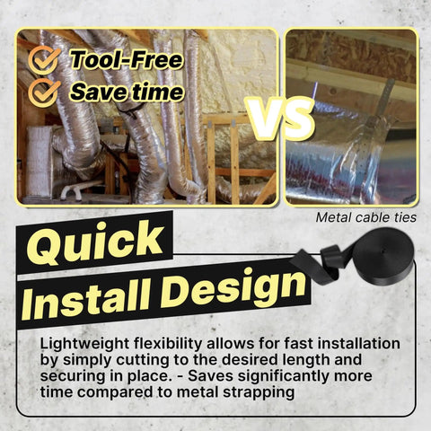 Quick install design to compare Heavy Duty Duct Strap 1.95 Inch By 49 Foot Black Nylon Strapping For HVAC Ducts with metal cable ties.