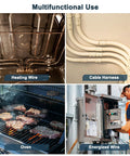 Ceramic tube insulated wire bundle protection shown in four uses: heating wire, cable harness, oven, energized panel