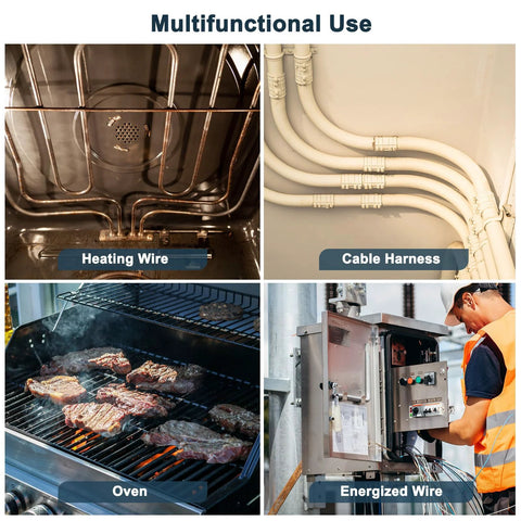 Ceramic tube insulated wire bundle protection shown in four uses: heating wire, cable harness, oven, energized panel