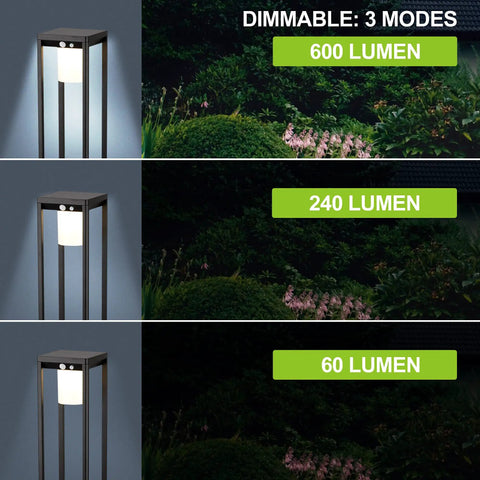 Outdoor Solar Floor Path Light With Motion Sensor Cordless Aluminum Garden Lamp showing 600, 240, 60 lumen modes