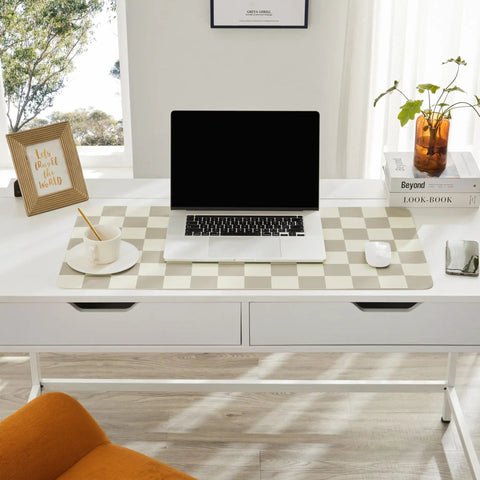 Large Checkered Desk Pad 31.5 Inch By 15.7 Inch Premium PU Leather Desk Mat Waterproof Surface For Keyboard, Mouse, And Laptop Beige Khaki