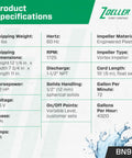 Effluent Pump Half Horsepower Nonautomatic With Piggyback Float Switch specifications chart, including dimensions and material