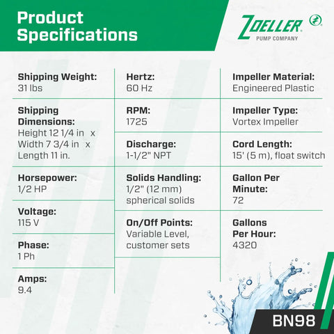 Effluent Pump Half Horsepower Nonautomatic With Piggyback Float Switch specifications chart, including dimensions and material