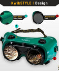 Flip Up Welding Goggles Pro Grade Anti Fog Shade 5 IR Safety Glasses For Plasma Cutting Torch Brazing And Oxy Acetylene Gas Work With ANSI Ventilated Design Green Frame Snug Fit, close-up with black #5 filter lens and soft green vinyl frame