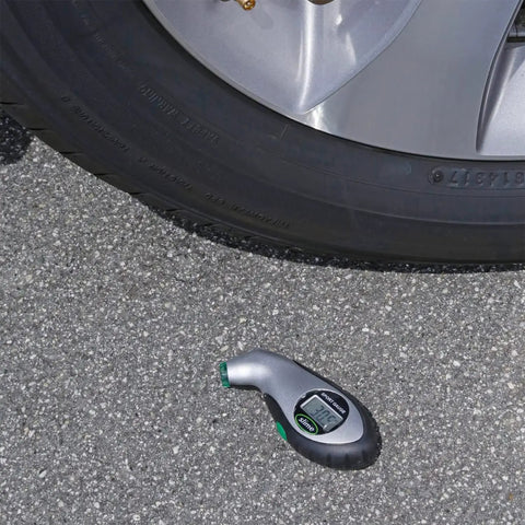 Digital Tire Pressure Gauge With Bright LCD Display And Lighted Tip For Night Checks No Fluff Easy Read 5 To 150 PSI Fast Accurate Readouts Long Battery Life Replacement Battery Ready Great For Cars And SUVs used beside car tire