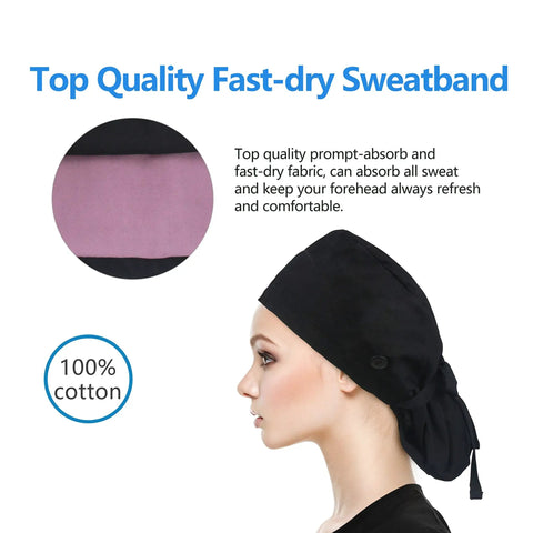 Side view of woman wearing Adjustable Satin Lined Working Cap With Button, Cotton Sweatband Hat, Elastic Tie Back