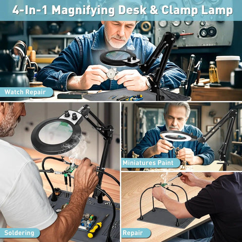 Soldering Station With 10X Lighted Magnifying Glass On Stand Non Slip Repair Mat And LED Dimmer Lamp in use for crafts