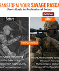 Before and after comparison of Savage Rascal with and without 2 Piece 21.2 Inch Rails For Savage Rascal Scope Mount Base Kit Built From Hard Anodized Aluminum With Matte Black Finish, Precision Machined For Savage Rascal Bolt Action Rifle Built Tough For Real World Use.