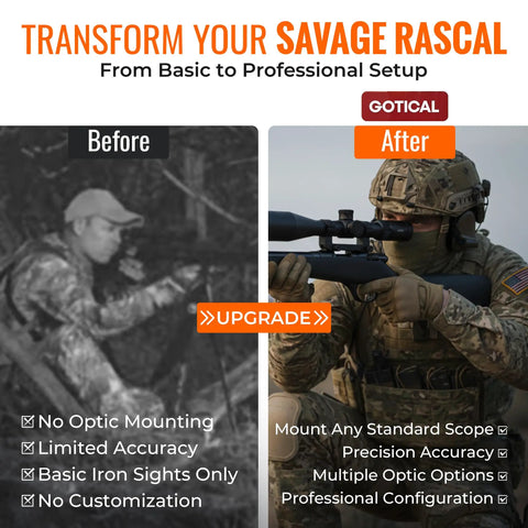 Before and after comparison of Savage Rascal with and without 2 Piece 21.2 Inch Rails For Savage Rascal Scope Mount Base Kit Built From Hard Anodized Aluminum With Matte Black Finish, Precision Machined For Savage Rascal Bolt Action Rifle Built Tough For Real World Use.
