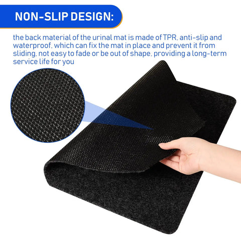 Illustration showing texture and grip of 20 Pack Non Slip Urinal Mats For Men With High Absorbency And Waterproof Backing For Commercial Restrooms Black That Keep Floors Dry And Safe In High Traffic Bathrooms