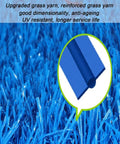 Durable Synthetic Grass Turf Mat For Indoor Outdoor Use With Drainage Holes Low Maintenance Lawn Look Weather Resistant Pet Friendly Garden Decor Backyard Landscaping Rug, close-up on blue fibers