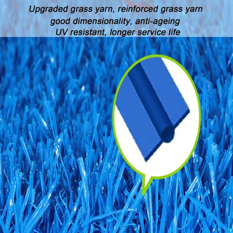 Durable Synthetic Grass Turf Mat For Indoor Outdoor Use With Drainage Holes Low Maintenance Lawn Look Weather Resistant Pet Friendly Garden Decor Backyard Landscaping Rug, close-up on blue fibers
