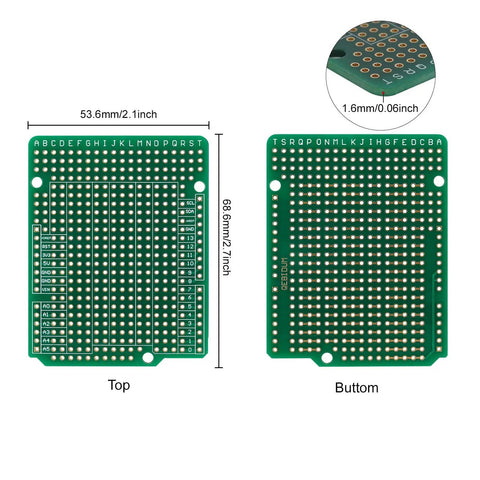 Double Sided FR4 Prototyping Board 2.54mm Pitch 68.6x53.6mm Perfboard top and bottom views with dimensions