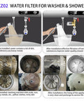 Image showing XZ02 50 Micron Reusable Brass Washing Machine Water Filter installed, demonstrating before and after water clarity effects.
