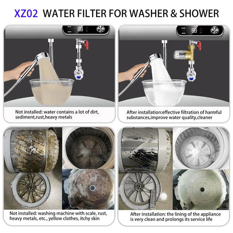 Image showing XZ02 50 Micron Reusable Brass Washing Machine Water Filter installed, demonstrating before and after water clarity effects.
