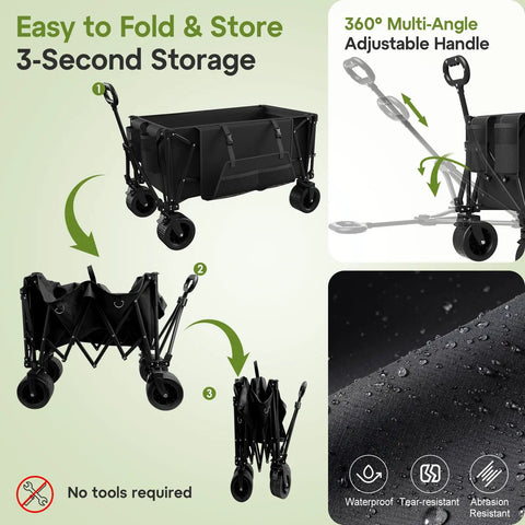 Beefy 49 Inch Folding Wagon Cart Heavy Duty 900 Lb Capacity with 300L Extra Large Cargo Space foldable design and adjustable handle.