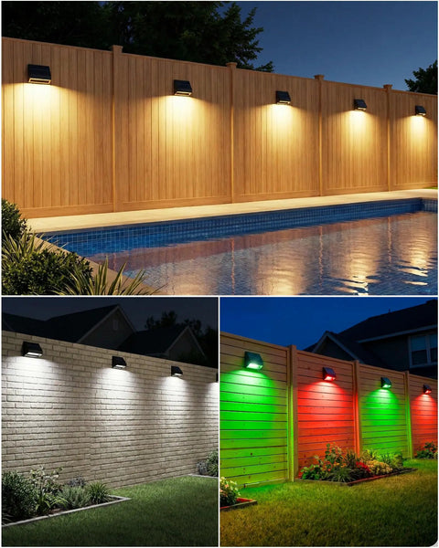 4 Pack Solar Fence Lights With Remote Control, Ultra Bright 100 Lumen, 9 Colors And 3 Modes, illuminating wooden and brick fences