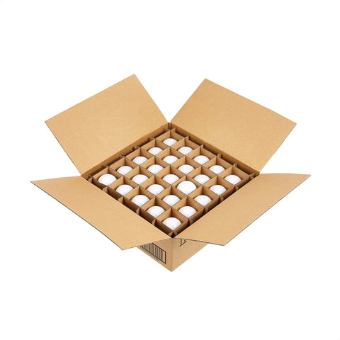 Open box containing 50 60 Watt Equivalent LED Bulbs Pack of 50 Soft White 800 Lumens Dimmable Energy Star and California Compliant E26 Base A19