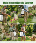 Rechargeable 2.11 Gallon Garden Sprayer With USB Powered Handle, used in various garden settings, spraying plants and flowers.