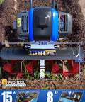 Power Packed 53cc Garden Tiller With 15 Inch Cultivator Width Liftable Booster Rod on soil showing 15-inch cutting width