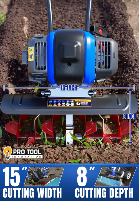 Power Packed 53cc Garden Tiller With 15 Inch Cultivator Width Liftable Booster Rod on soil showing 15-inch cutting width