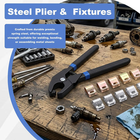 11 Piece Car Body Dent Repair Clamp And Pliers Set For Quick Fix And Strong Hold, tools on wood workbench with text overlay
