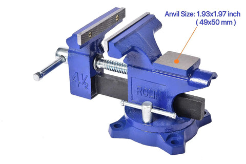 Beefy 4.5 Inch Bench Vise With 240 Degree Rotating Base, Home Shop Clamp That Locks At Any Angle, Easy Install, 4.5 Inch Jaw
